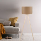 Pratik Ahşap Krem Üç Ayaklı Tripod Lambader Kahve Kumaş Başlık Salon Oturma Odası Köşe Lambası - 1