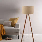Pratik Ahşap Üç Ayaklı Tripod Lambader Kahve Kumaş Başlık Salon Oturma Odası Köşe Lambası - 1