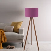 Pratik Ahşap Üç Ayaklı Tripod Lambader Mor Kumaş Başlık Salon Oturma Odası Köşe Lambası - 1