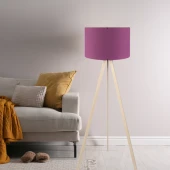 Pratik Ahşap Krem Üç Ayaklı Tripod Lambader Mor Kumaş Başlık Salon Oturma Odası Köşe Lambası - 1