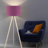 Pratik Ahşap Krem Üç Ayaklı Tripod Lambader Mor Kumaş Başlık Salon Oturma Odası Köşe Lambası - 2