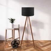 Pratik Ahşap Üç Ayaklı Tripod Lambader Siyah Kumaş Başlık Salon Oturma Odası Köşe Lambası - 1