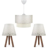 ArtGift Ahşap Ayaklı Üçlü Avize Seti Beyaz Dantel - 1