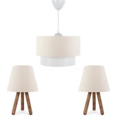 ArtGift Üçlü Avize Ve Abajur Seti Ahşap Ayak Krem Kumaş Başlık thumbnail 1