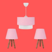 ArtGift Üçlü Avize Ve Abajur Seti Ahşap Ayak Pembe Kumaş Başlık Yatak Odası Çocuk Odası Salon - 1