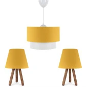 ArtGift Üçlü Avize Ve Abajur Seti Ahşap Ayak Sarı Kumaş Başlık - 1
