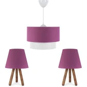 ArtGift Üçlü Avize Ve Abajur Seti Ahşap Ayak Mor Kumaş Başlık - 1