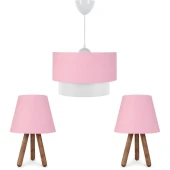 ArtGift Üçlü Avize Ve Abajur Seti Ahşap Ayak Pembe Kumaş Başlık Yatak Odası Çocuk Odası Salon - 6