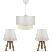 ArtGift Üçlü Avize Ve Abajur Seti Ahşap Ayak Beyaz Dantel Kumaş Başlık - 1