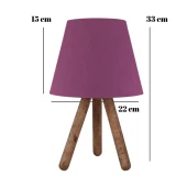 Üç Ayaklı Ahşap Abajur Mor Kumaş Başlık Yatak Odası Çocuk Odası Masa Lambası - 3