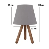 Üç Ayaklı Ahşap Abajur Gri Kumaş Başlık Yatak Odası Çocuk Odası Masa Lambası - 3