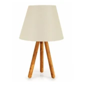 Ahşap Üç Ayaklı Krem Dokuma Başlık Tripot Abajur Yatak Odası Çocuk Odası Masa Lambası - 1
