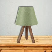 Tasarım Üç Ayaklı Ahşap Abajur Yeşil Kumaş Başlık Yatak Odası Salon Oturma Odası - 5