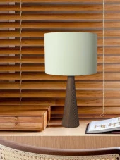 Ahşap Konik Gövdeli Dizayn Abajur Kumaş Başlık Krem - 1