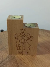 Aşk Motifli Dekoratif Ahşap İkili Mumluk ve Hediye İki Adet Mum - 7