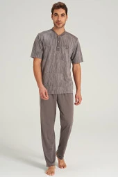 Erkek Büyük Beden Hakim Yaka Yakası Düğmeli Pijama Takımı - 1