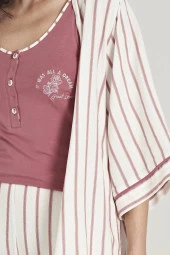 Kadın Simli Çizgi Desenli Kalın Askılı 3'lü Belden Kuşaklı Pijama Takımı - 2