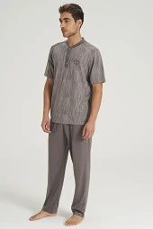 Erkek Büyük Beden Hakim Yaka Yakası Düğmeli Pijama Takımı - 3