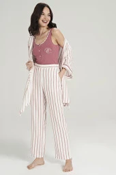 Kadın Simli Çizgi Desenli Kalın Askılı 3'lü Belden Kuşaklı Pijama Takımı - 3