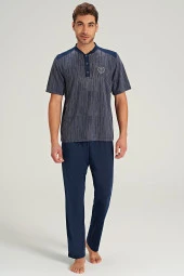 Erkek Büyük Beden Hakim Yaka Yakası Düğmeli Pijama Takımı - 5