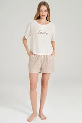 Kadın Smile Desenli Çizgili Şortlu Pijama Takımı - 1