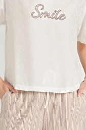 Kadın Smile Desenli Çizgili Şortlu Pijama Takımı - 2