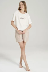 Kadın Smile Desenli Çizgili Şortlu Pijama Takımı - 3