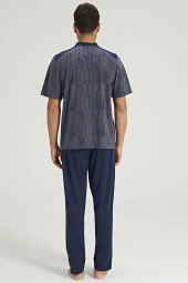 Erkek Büyük Beden Hakim Yaka Yakası Düğmeli Pijama Takımı - 8