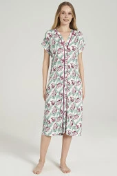 Kadın Klasik Çicek Desenli Önden Düğmeli Gecelik Elbise - 3