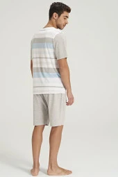 Erkek Çizgi Desenli Yarım Kol Şortlu Pijama Takımı - 4
