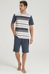 Erkek Çizgi Desenli Yarım Kol Şortlu Pijama Takımı - 5