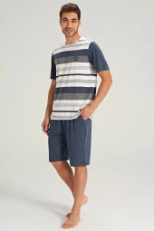 Erkek Çizgi Desenli Yarım Kol Şortlu Pijama Takımı - 7