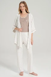 Kadın Simli Çizgi Desenli Kalın Askılı 3'lü Belden Kuşaklı Pijama Takımı - 8