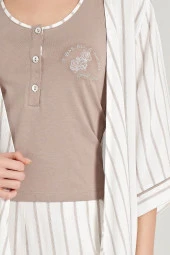 Kadın Simli Çizgi Desenli Kalın Askılı 3'lü Belden Kuşaklı Pijama Takımı - 9