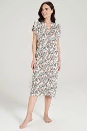 Kadın Klasik Çicek Desenli Önden Düğmeli Gecelik Elbise - 5