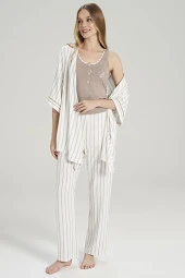 Kadın Simli Çizgi Desenli Kalın Askılı 3'lü Belden Kuşaklı Pijama Takımı - 10