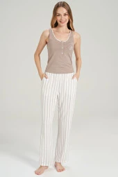 Kadın Simli Çizgi Desenli Kalın Askılı 3'lü Belden Kuşaklı Pijama Takımı - 11