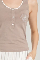 Kadın Simli Çizgi Desenli Kalın Askılı 3'lü Belden Kuşaklı Pijama Takımı - 12