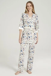 Kadın Klasik Çicek Desenli İp Askılı V Yakalı Belden Bağlamalı 3'lü Pijama Takımı - 1