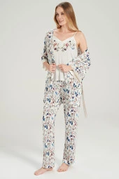 Kadın Klasik Çicek Desenli İp Askılı V Yakalı Belden Bağlamalı 3'lü Pijama Takımı - 2
