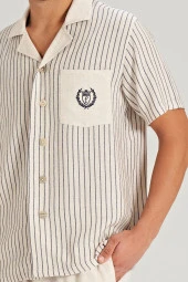 Erkek Keten Önden Düğmeli Gömlek Yakalı Eşli Pijama Takımı - 3