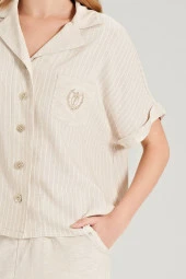 Kadın Keten Önden Düğmeli Gömlek Yakalı Eşli Pijama Takımı - 2