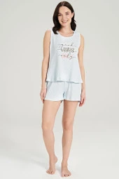 Kadın Mavi Fitilli Baskılı Şortlu Pijama Takımı - 1