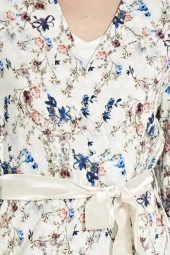 Kadın Klasik Çicek Desenli İp Askılı V Yakalı Belden Bağlamalı 3'lü Pijama Takımı - 3