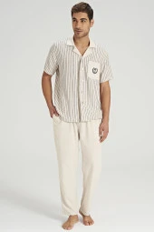 Erkek Keten Önden Düğmeli Gömlek Yakalı Eşli Pijama Takımı - 4