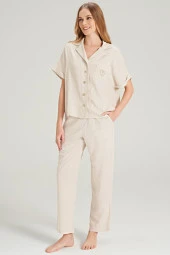 Kadın Keten Önden Düğmeli Gömlek Yakalı Eşli Pijama Takımı - 3