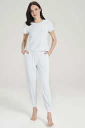 Kadın Fitilli Yakası Baskılı Paçası Lastikli Pijama Takımı - 1