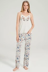 Kadın Klasik Çicek Desenli İp Askılı V Yakalı Belden Bağlamalı 3'lü Pijama Takımı - 4