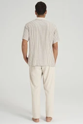 Erkek Keten Önden Düğmeli Gömlek Yakalı Eşli Pijama Takımı - 5