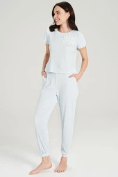 Kadın Fitilli Yakası Baskılı Paçası Lastikli Pijama Takımı - 3